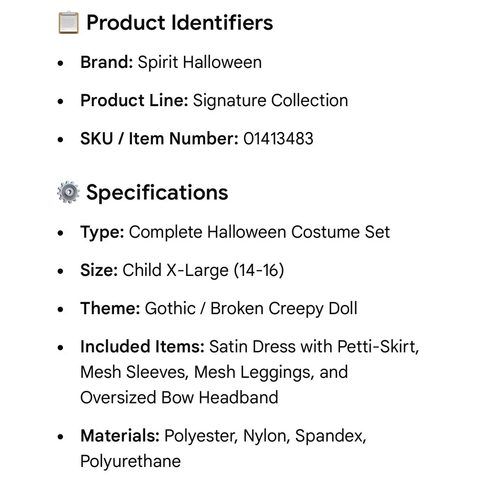 Spirit Halloween Broken Doll Costume Signature Collection Kids Large 12-14 Black